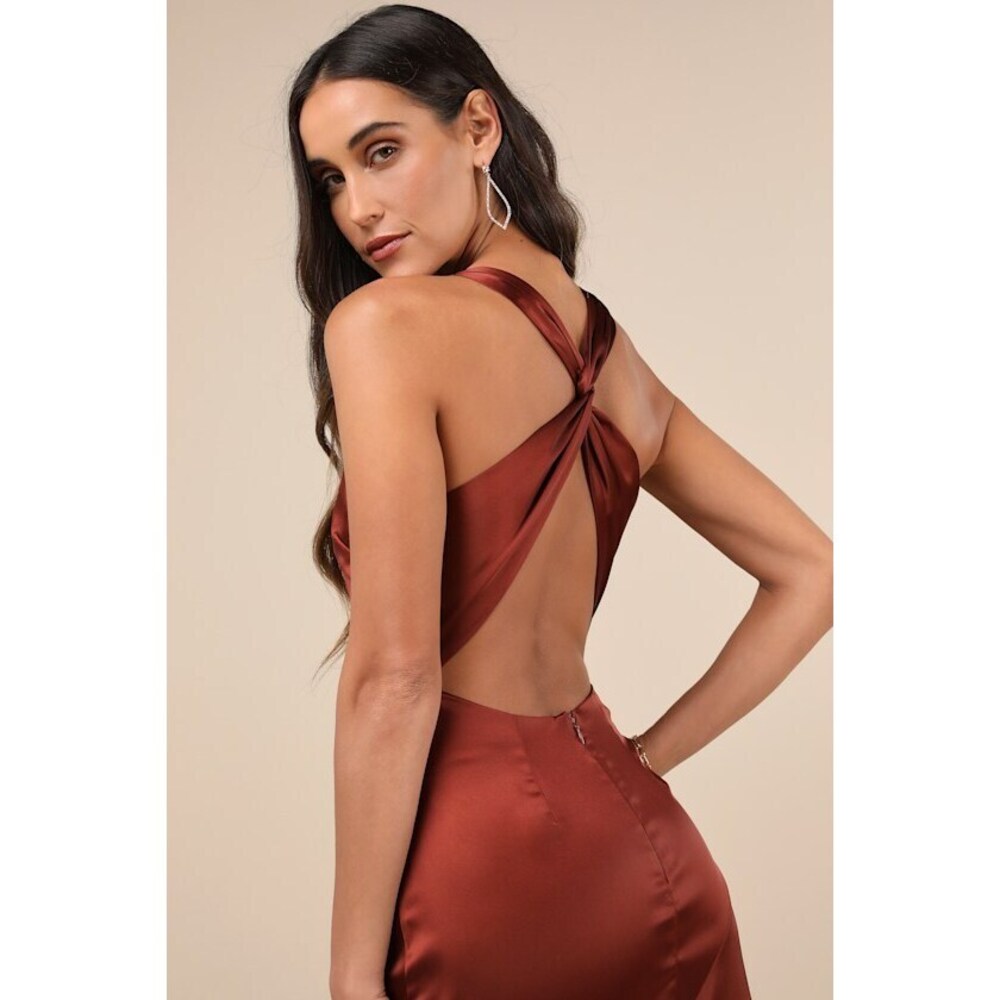 Lulus Purely Elegant Rust Brown Satin Twist-back Maxi Dress - Size M